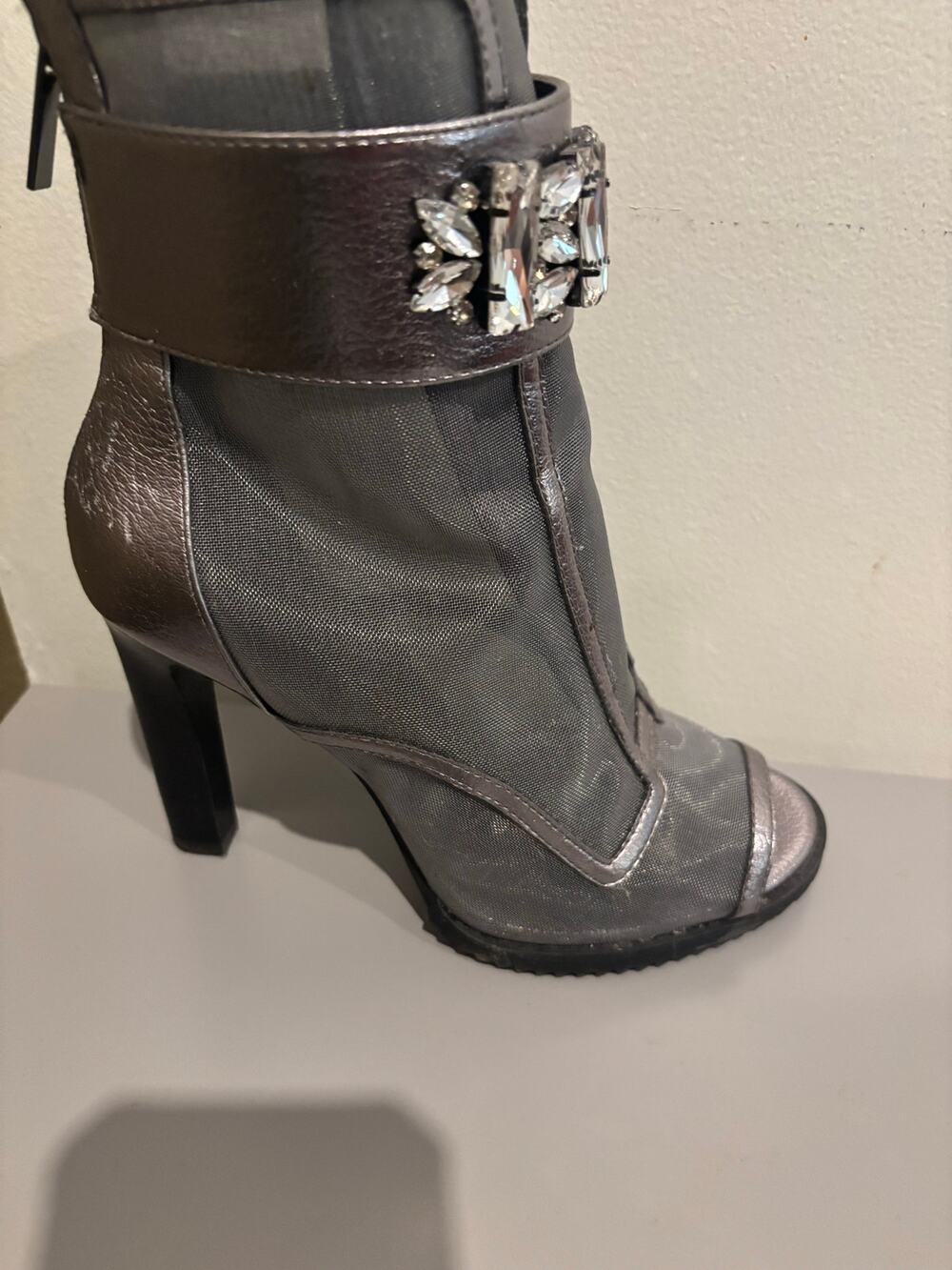 Karl Lagerfeld Paris Blayze Mesh Peep Toe Crystal Booties Gunmetal Sz 7.5